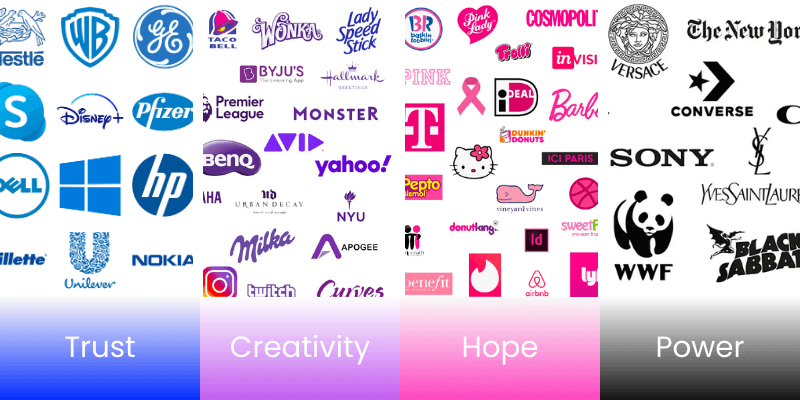 color theory logos: blue, purple, pink, black