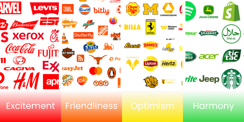 color theory logos: red, orange, yellow, green