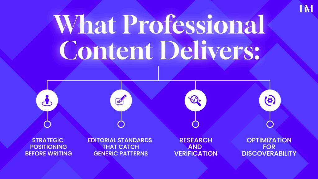 What professional content delivers - white words on purple background.
